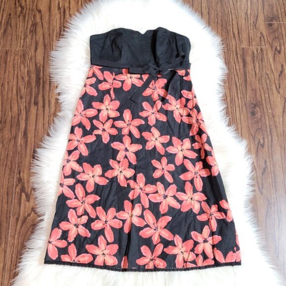 RW CO Strapless 100% Linen 100% Cotton A-Line Floral Sweetheart Neckline Sz 4 - Picture 2 of 16